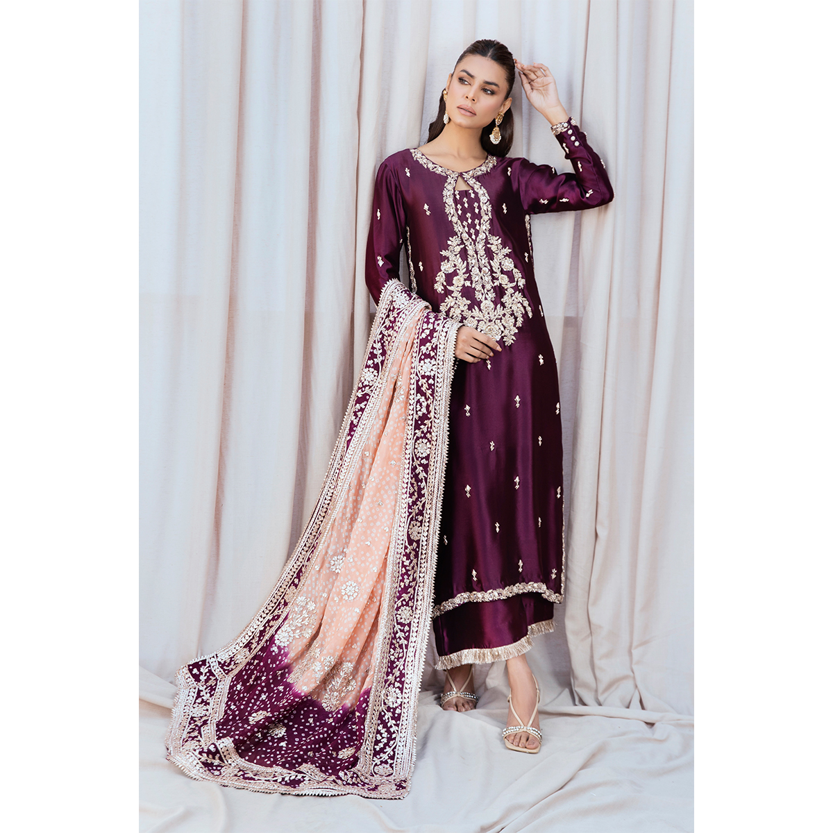 Pakistani Aubergine Zardozi Pure Tissue Silk Long Shirt (3-Piece) - Image 3