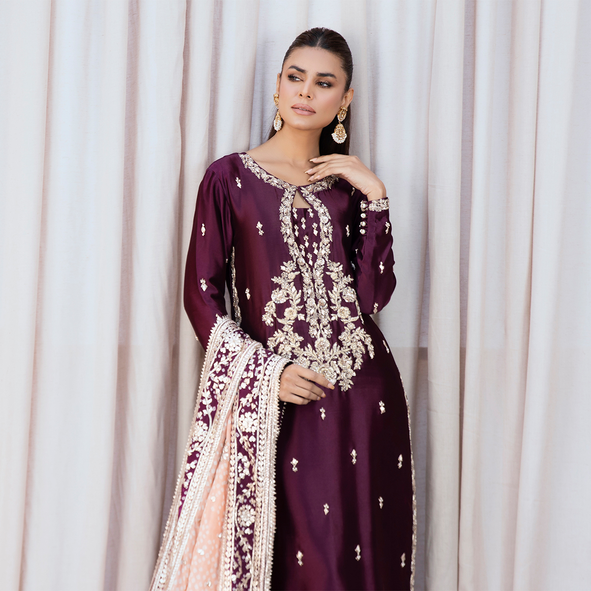 Pakistani Aubergine Zardozi Pure Tissue Silk Long Shirt (3-Piece) - Image 4