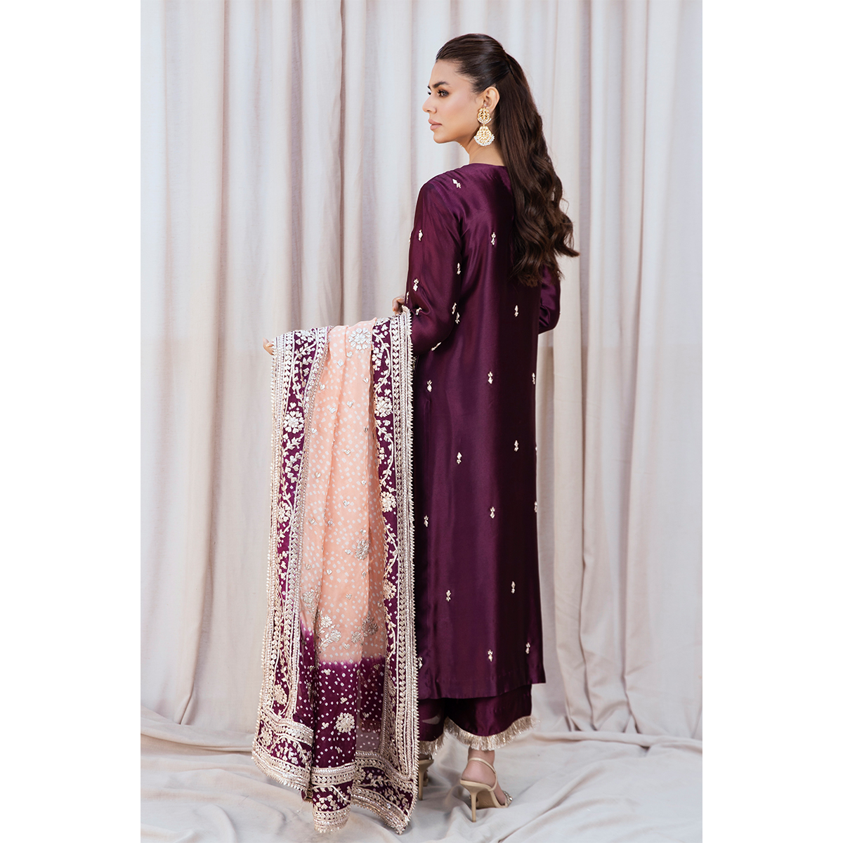 Pakistani Aubergine Zardozi Pure Tissue Silk Long Shirt (3-Piece) - Image 5