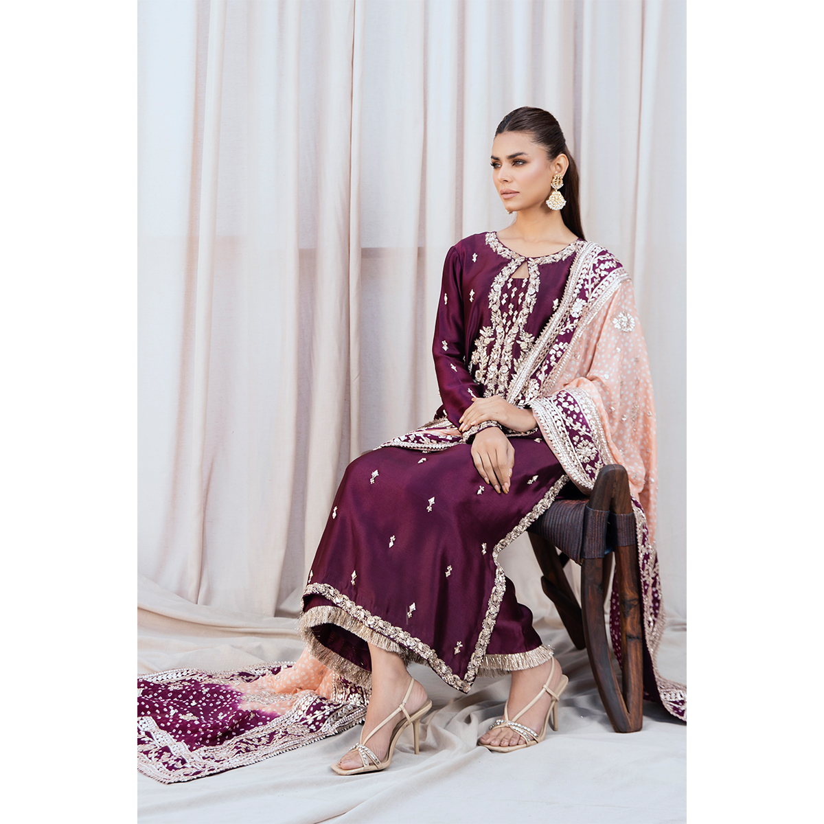 Pakistani Aubergine Zardozi Pure Tissue Silk Long Shirt (3-Piece) - Image 6