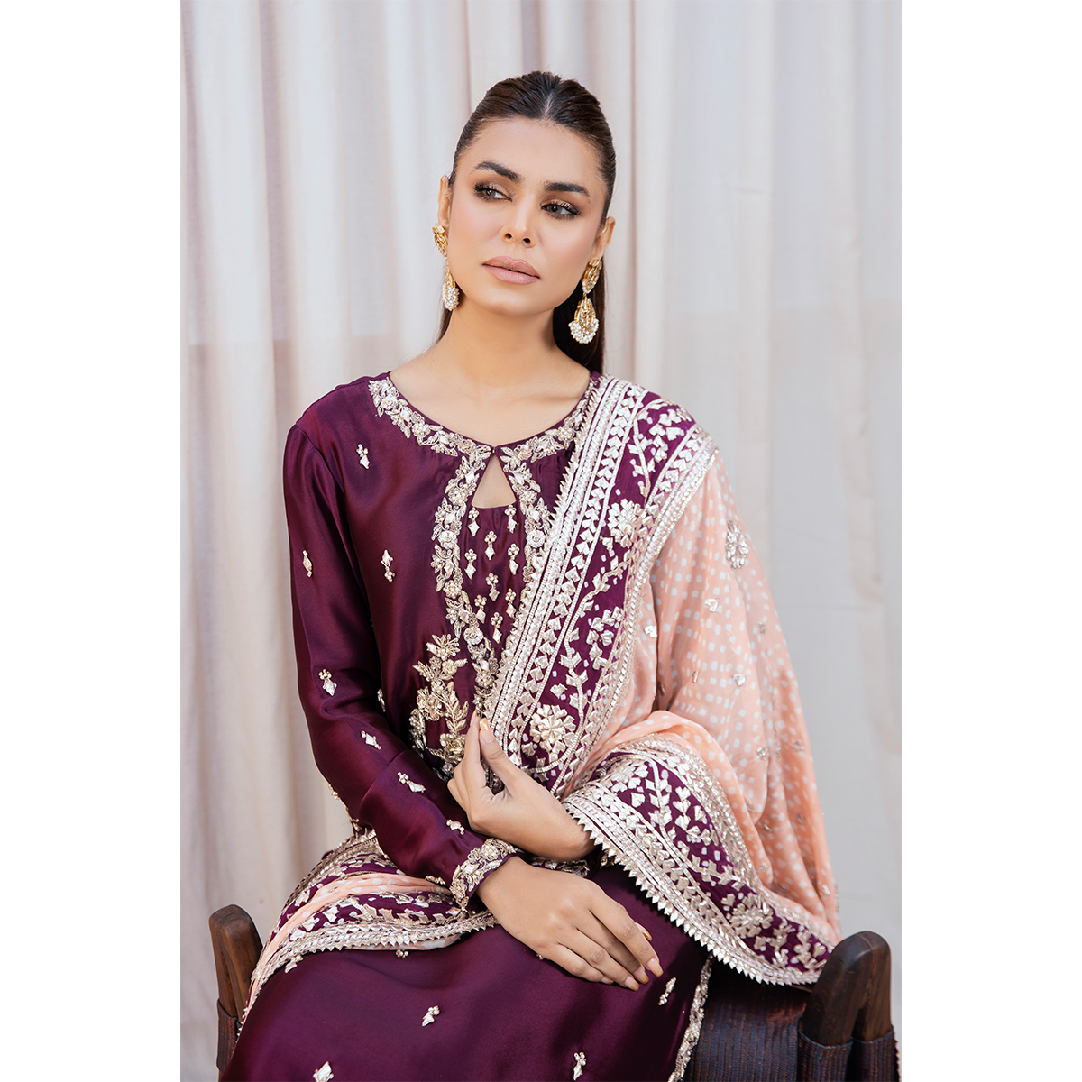 Pakistani Aubergine Zardozi Pure Tissue Silk Long Shirt (3-Piece) - Image 7