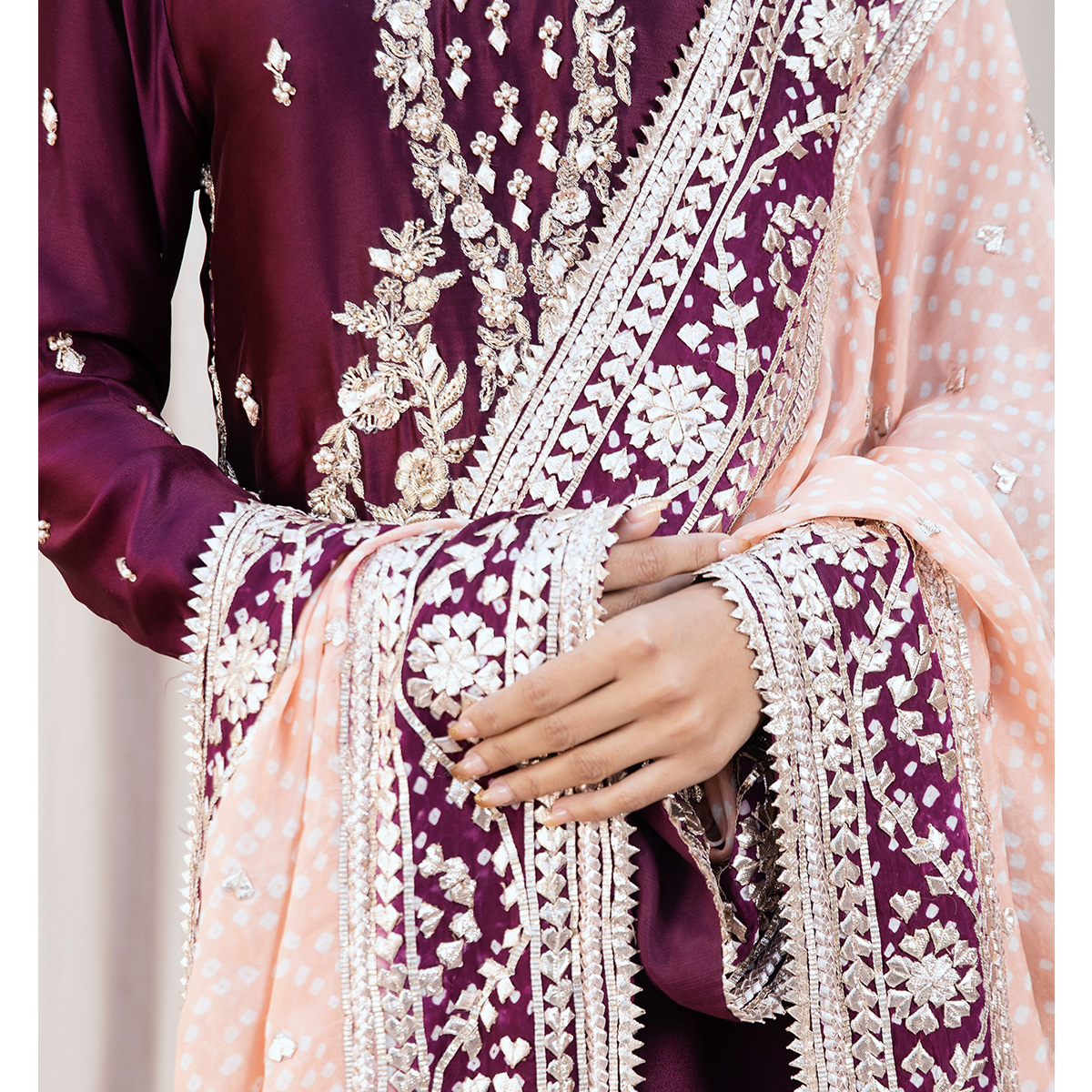 Pakistani Aubergine Zardozi Pure Tissue Silk Long Shirt (3-Piece) - Image 8