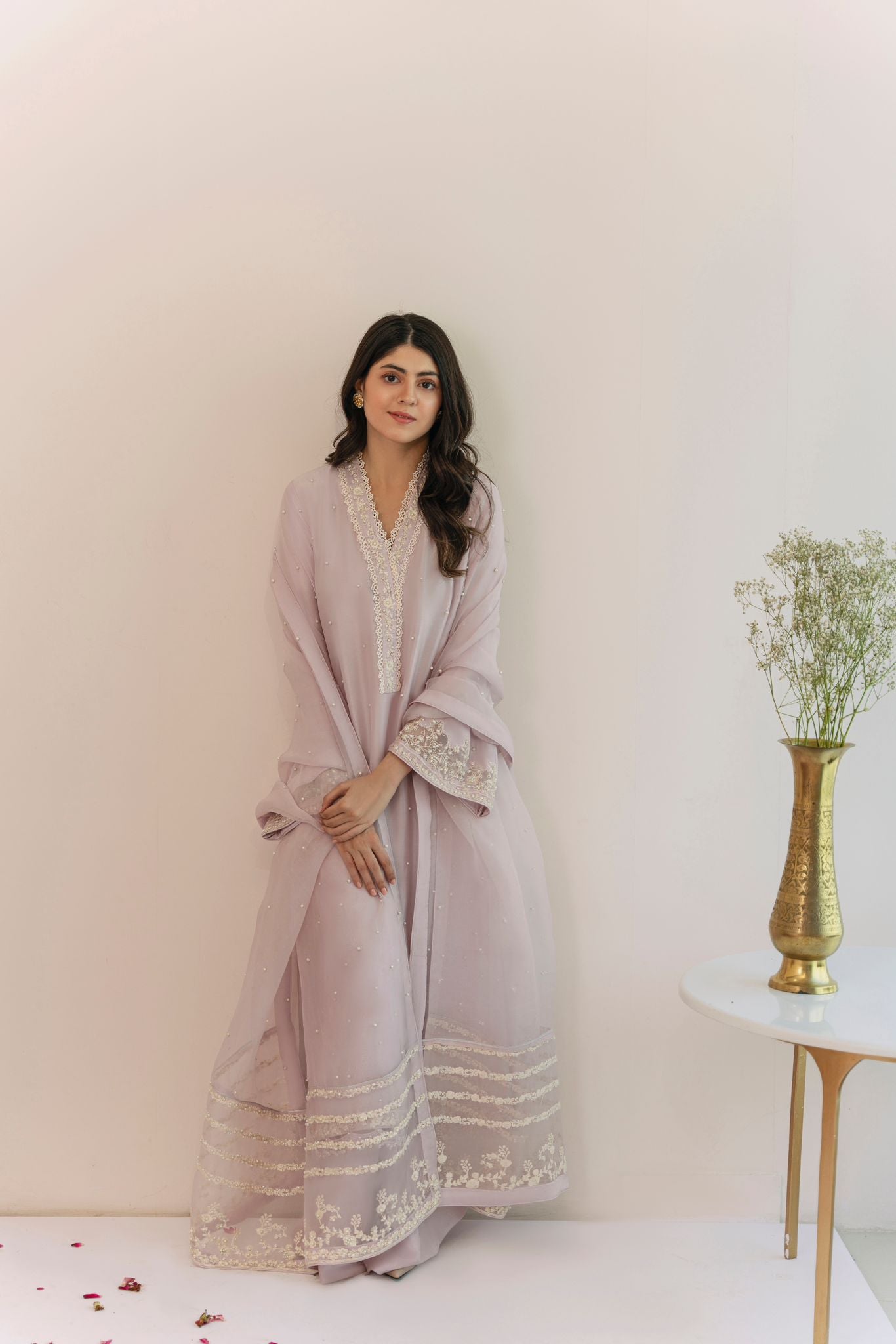 Pakistani Lavender 3D Embroidered Raw Silk Salwar Kameez (3-Piece) - Image 1