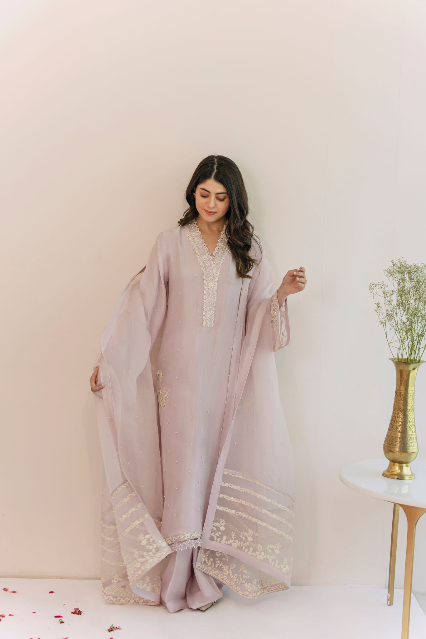 Pakistani Lavender 3D Embroidered Raw Silk Salwar Kameez (3-Piece) - Image 2