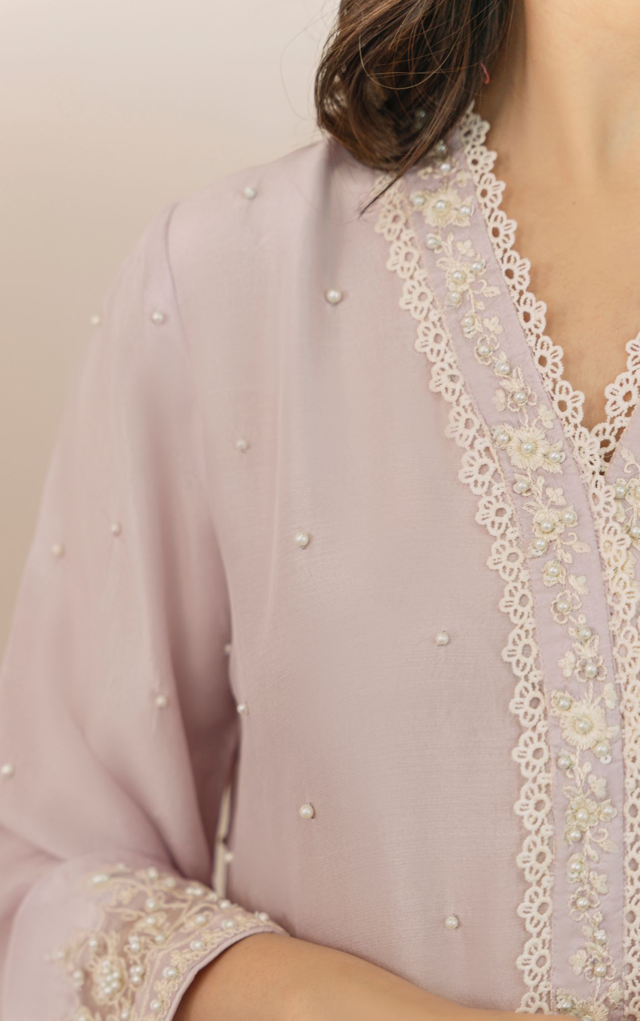 Pakistani Lavender 3D Embroidered Raw Silk Salwar Kameez (3-Piece) - Image 4