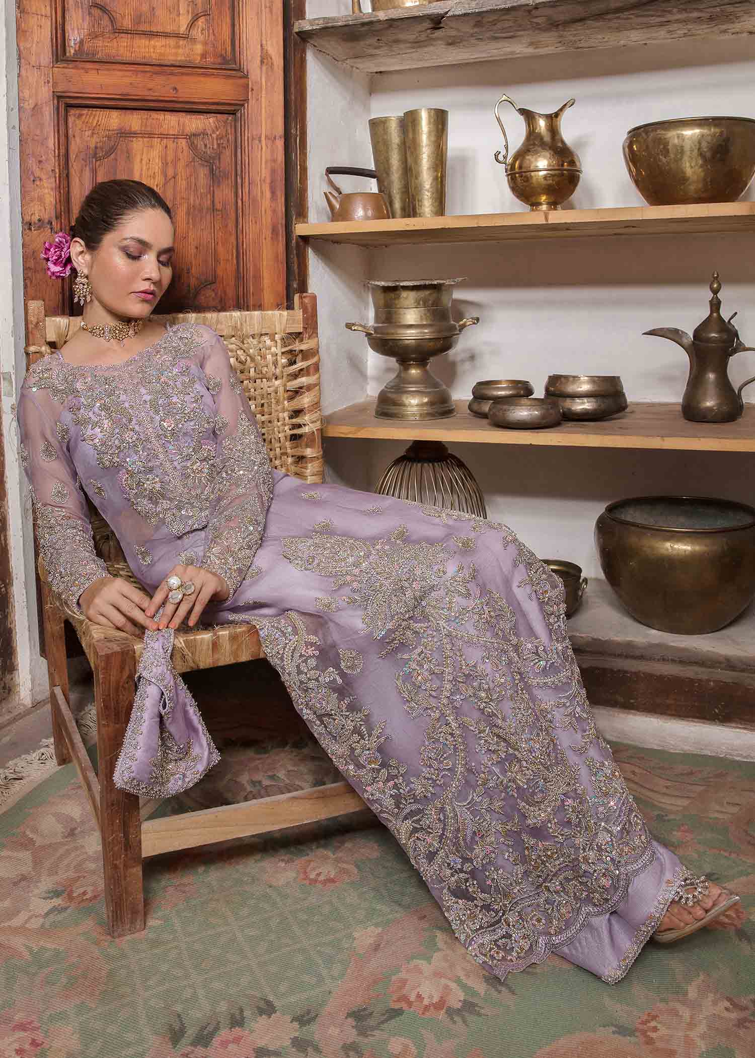 Pakistani Lilac Hand-Embellished Silk Salwar Kameez (3-Piece) - Image 3