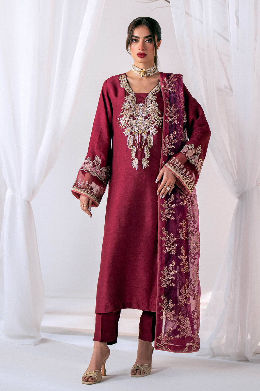 Deep Plum Embroidered Korean Raw Silk Kurta Set (3-Piece) - Image 1
