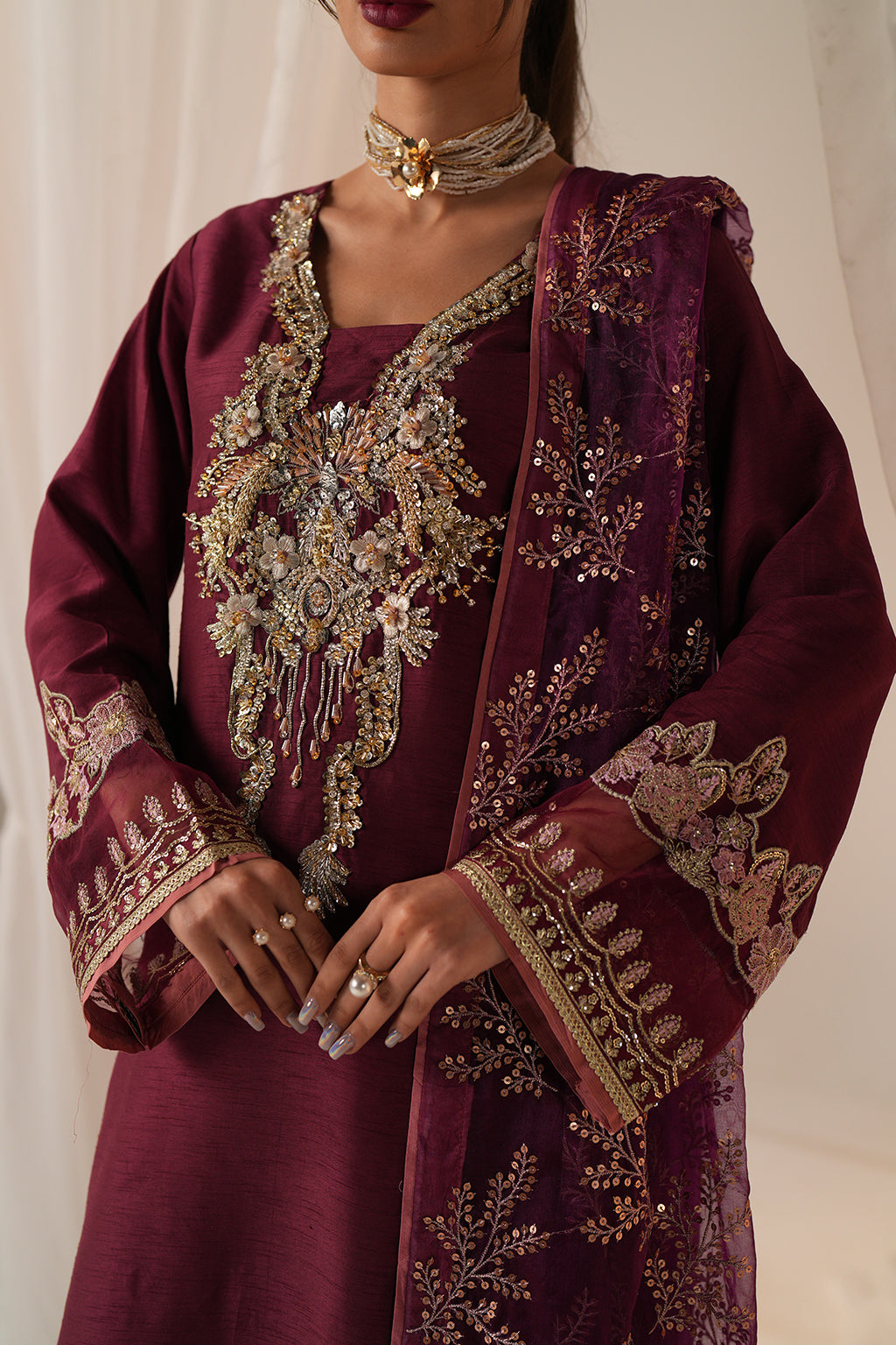 Deep Plum Embroidered Korean Raw Silk Kurta Set (3-Piece) - Image 3
