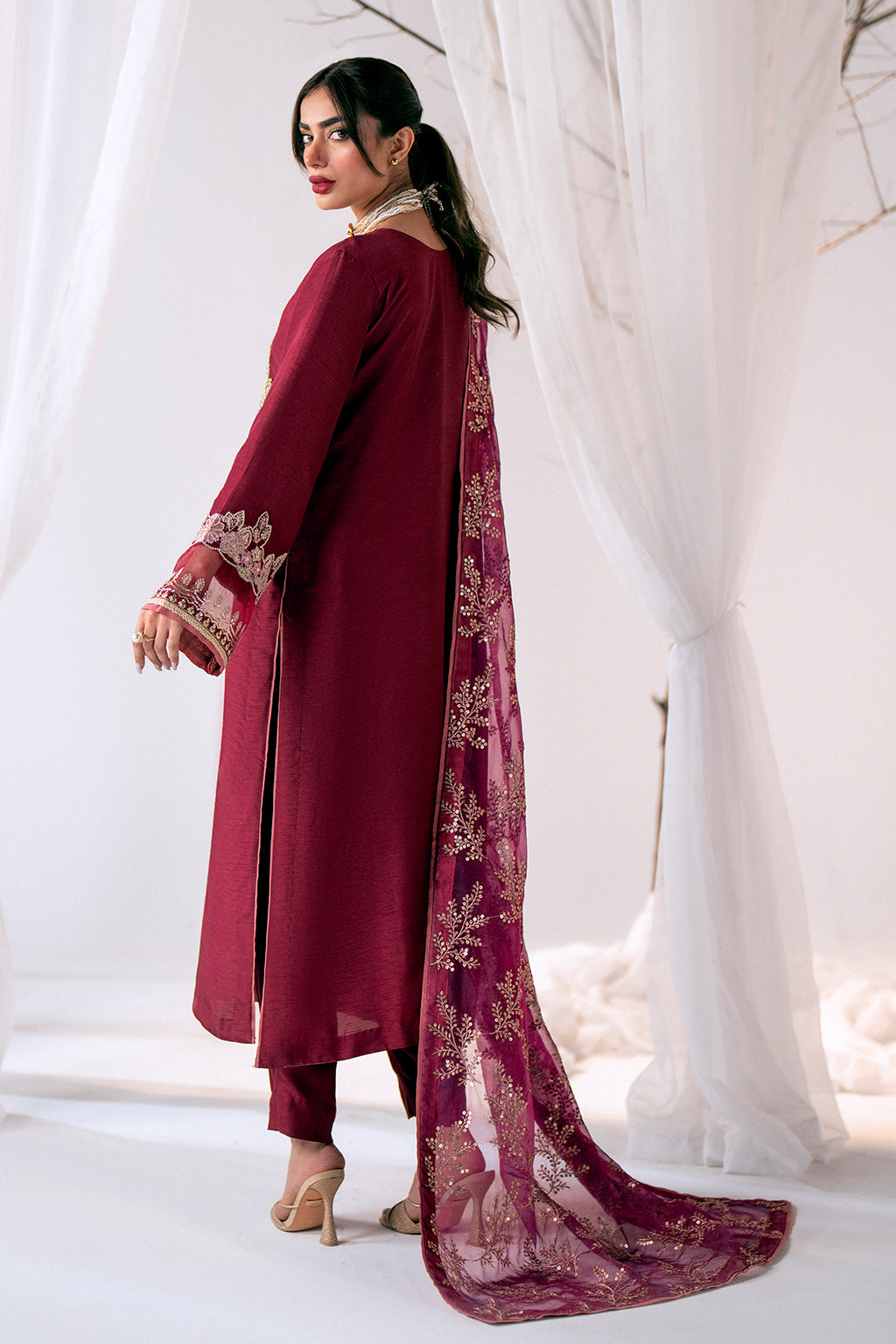 Deep Plum Embroidered Korean Raw Silk Kurta Set (3-Piece) - Image 4