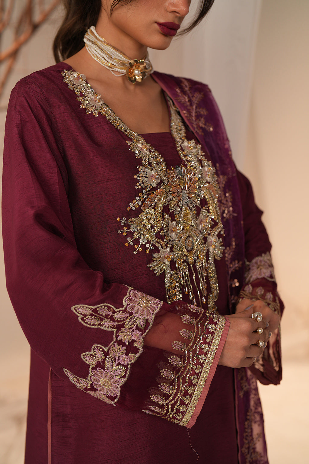 Deep Plum Embroidered Korean Raw Silk Kurta Set (3-Piece) - Image 5
