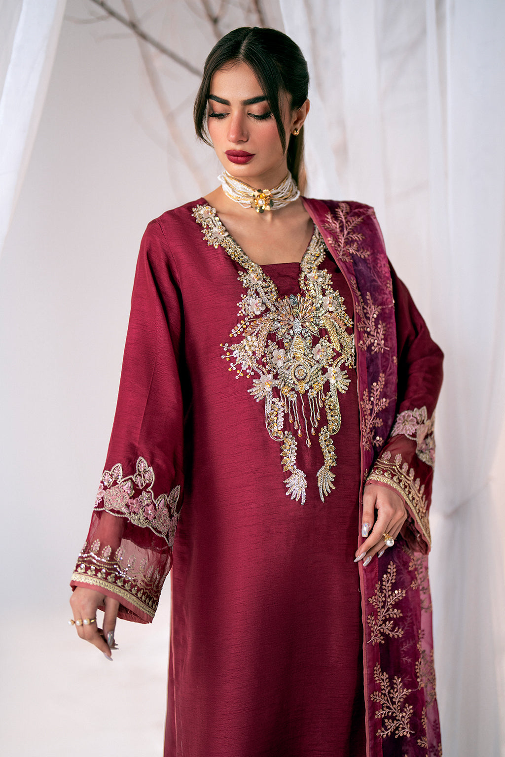Deep Plum Embroidered Korean Raw Silk Kurta Set (3-Piece) - Image 6
