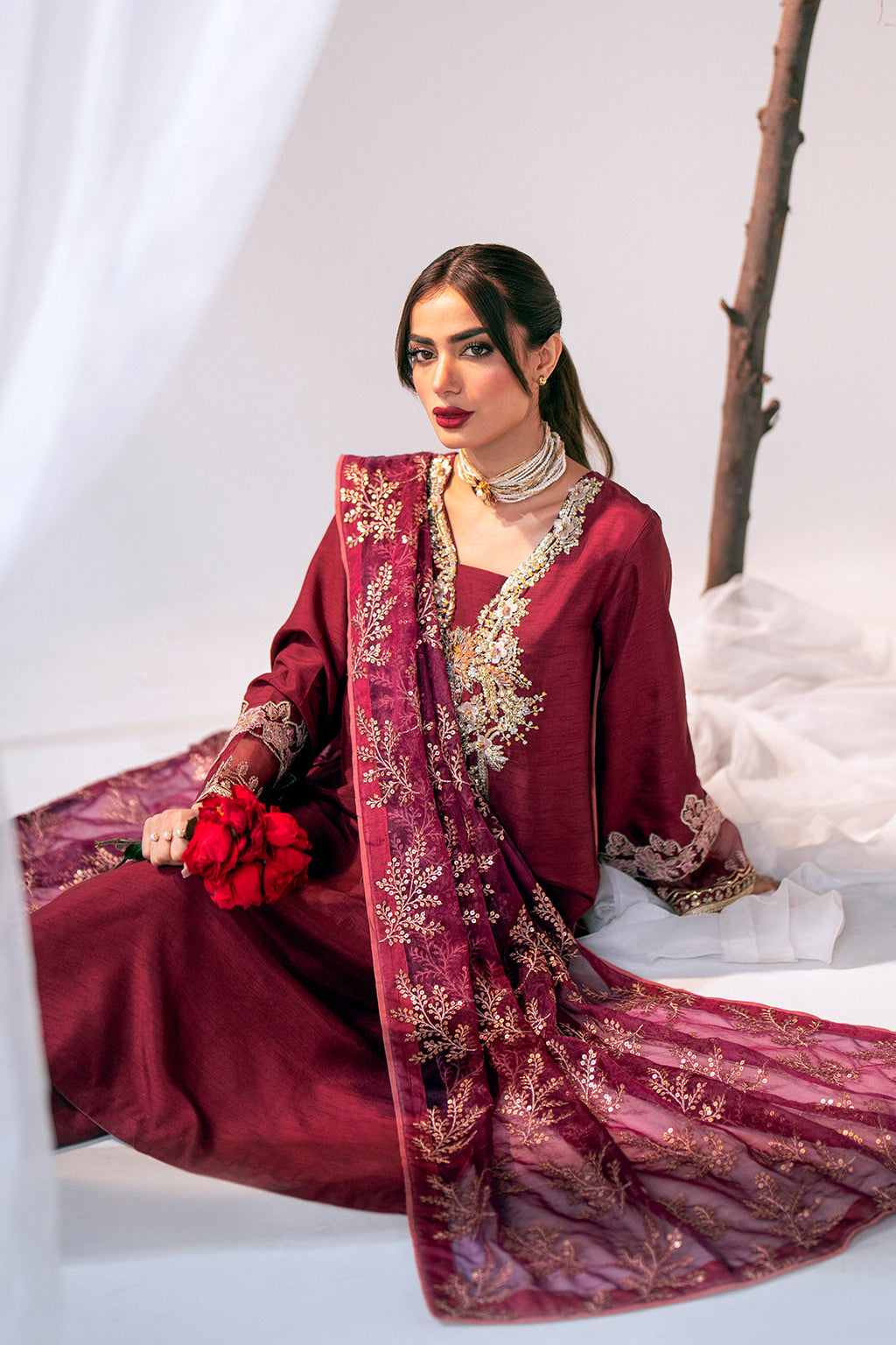 Deep Plum Embroidered Korean Raw Silk Kurta Set (3-Piece) - Image 7