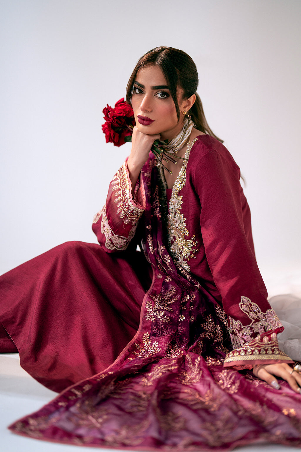 Deep Plum Embroidered Korean Raw Silk Kurta Set (3-Piece) - Image 9