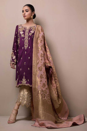 Pakistani Plum Embroidered Pure Raw Silk Salwar Kameez (3-Piece) - Image 1