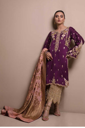 Pakistani Plum Embroidered Pure Raw Silk Salwar Kameez (3-Piece) - Image 2