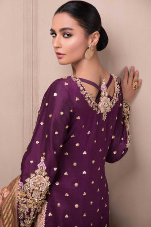 Pakistani Plum Embroidered Pure Raw Silk Salwar Kameez (3-Piece) - Image 3