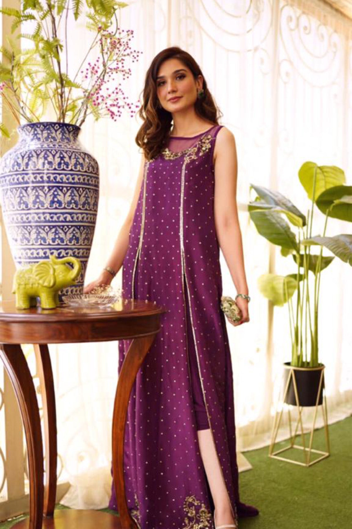 Pakistani Plum Dabka Embroidered Raw Silk Salwar Kameez (3-Piece) - Image 1
