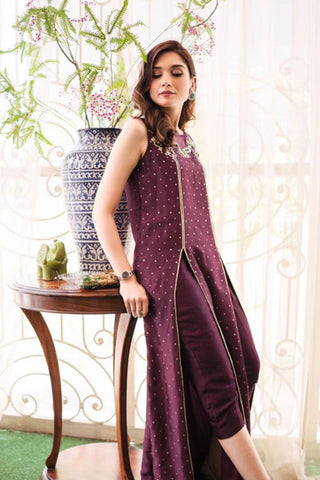 Pakistani Plum Dabka Embroidered Raw Silk Salwar Kameez (3-Piece) - Image 4