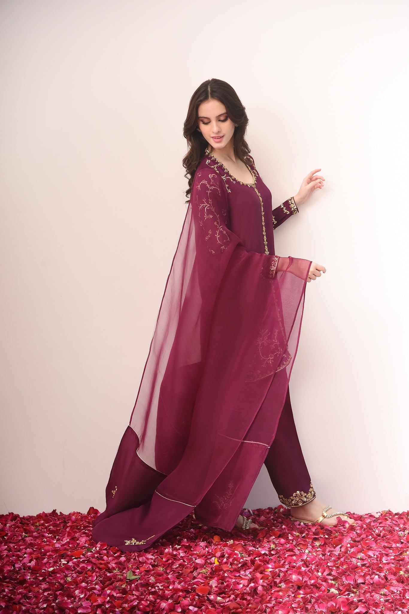 Plum Gold Ada Work Raw Silk Salwar Kameez (3-Piece) - Image 2