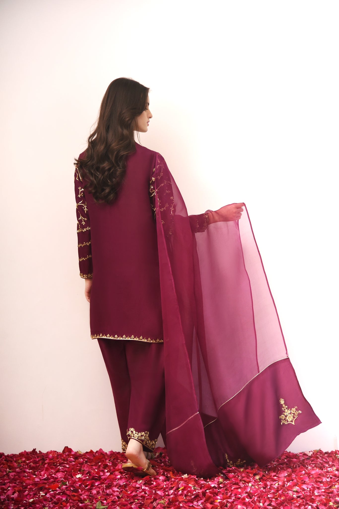Plum Gold Ada Work Raw Silk Salwar Kameez (3-Piece) - Image 3