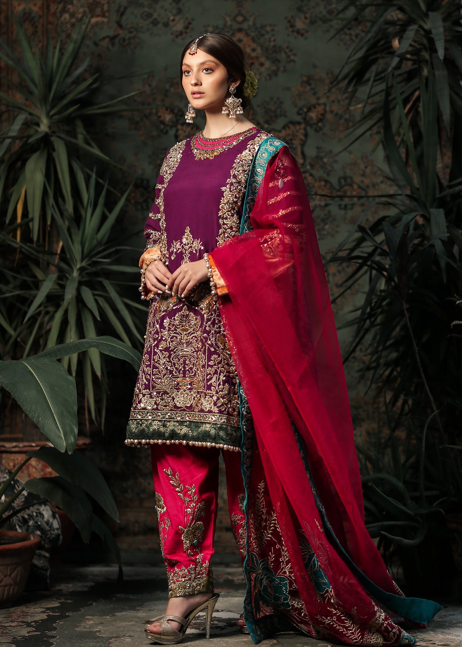Plum Embroidered Raw Silk Salwar Kameez (3-Piece) - Image 1