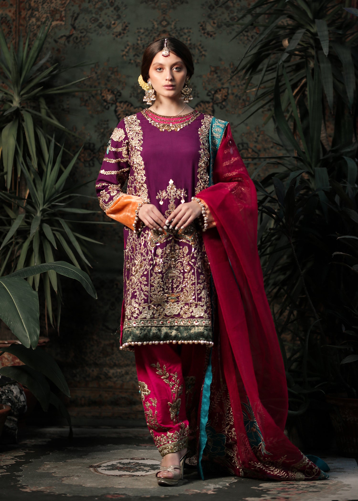 Plum Embroidered Raw Silk Salwar Kameez (3-Piece) - Image 2