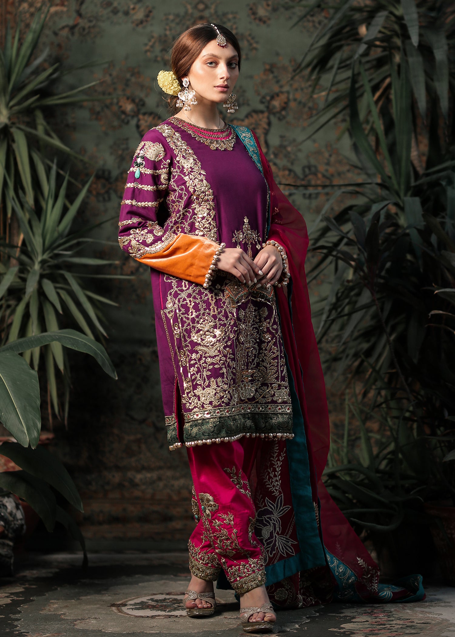 Plum Embroidered Raw Silk Salwar Kameez (3-Piece) - Image 3