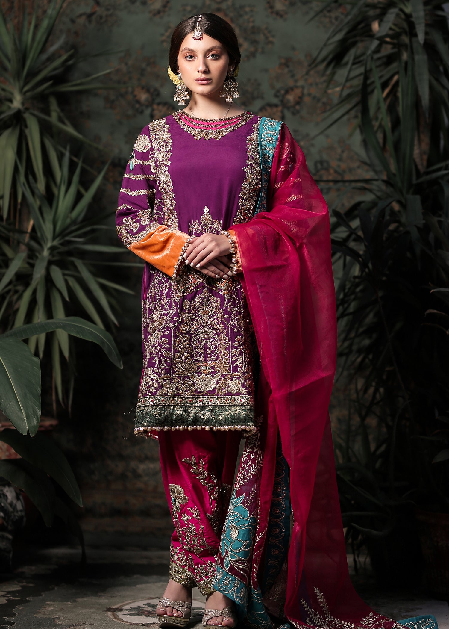Plum Embroidered Raw Silk Salwar Kameez (3-Piece) - Image 4