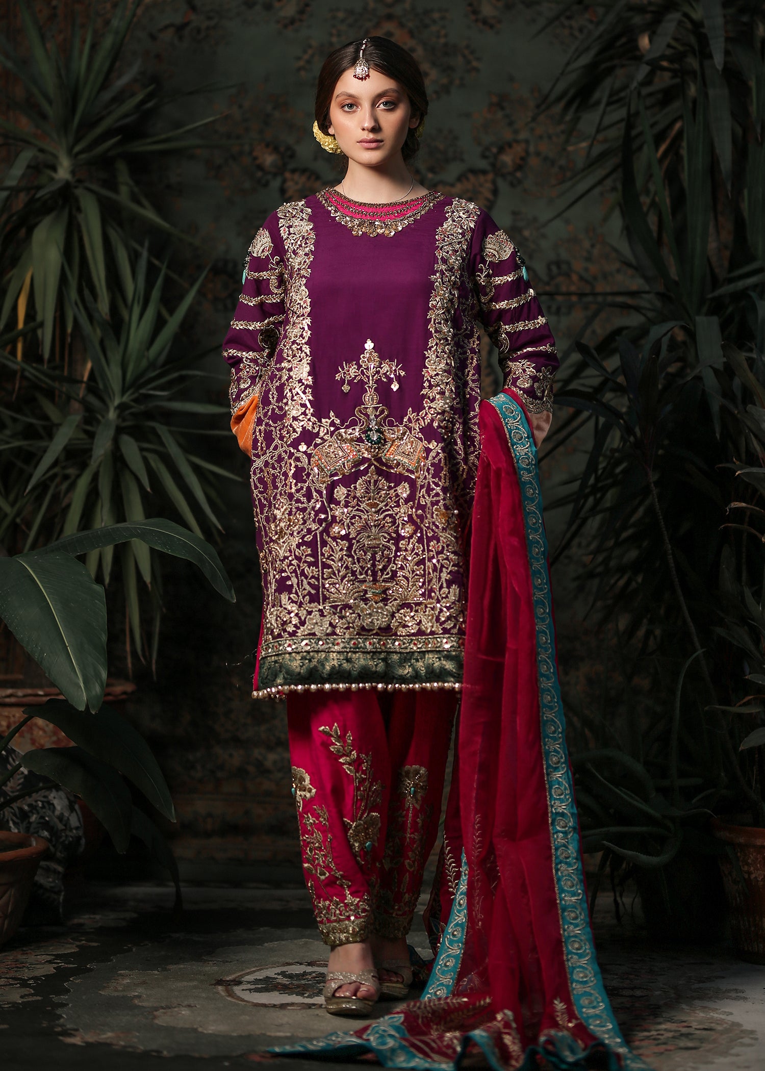 Plum Embroidered Raw Silk Salwar Kameez (3-Piece) - Image 6