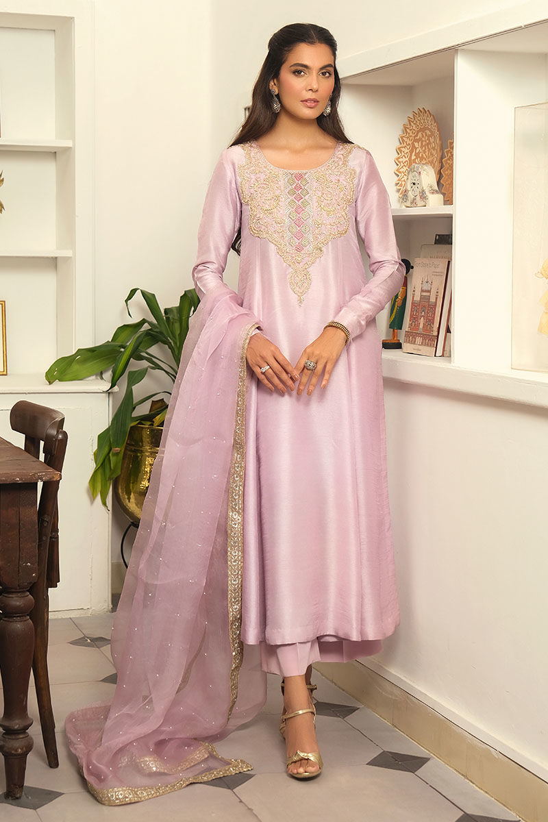 Lilac Hand Embroidered Silk Salwar Kameez (3-Piece) - Image 1