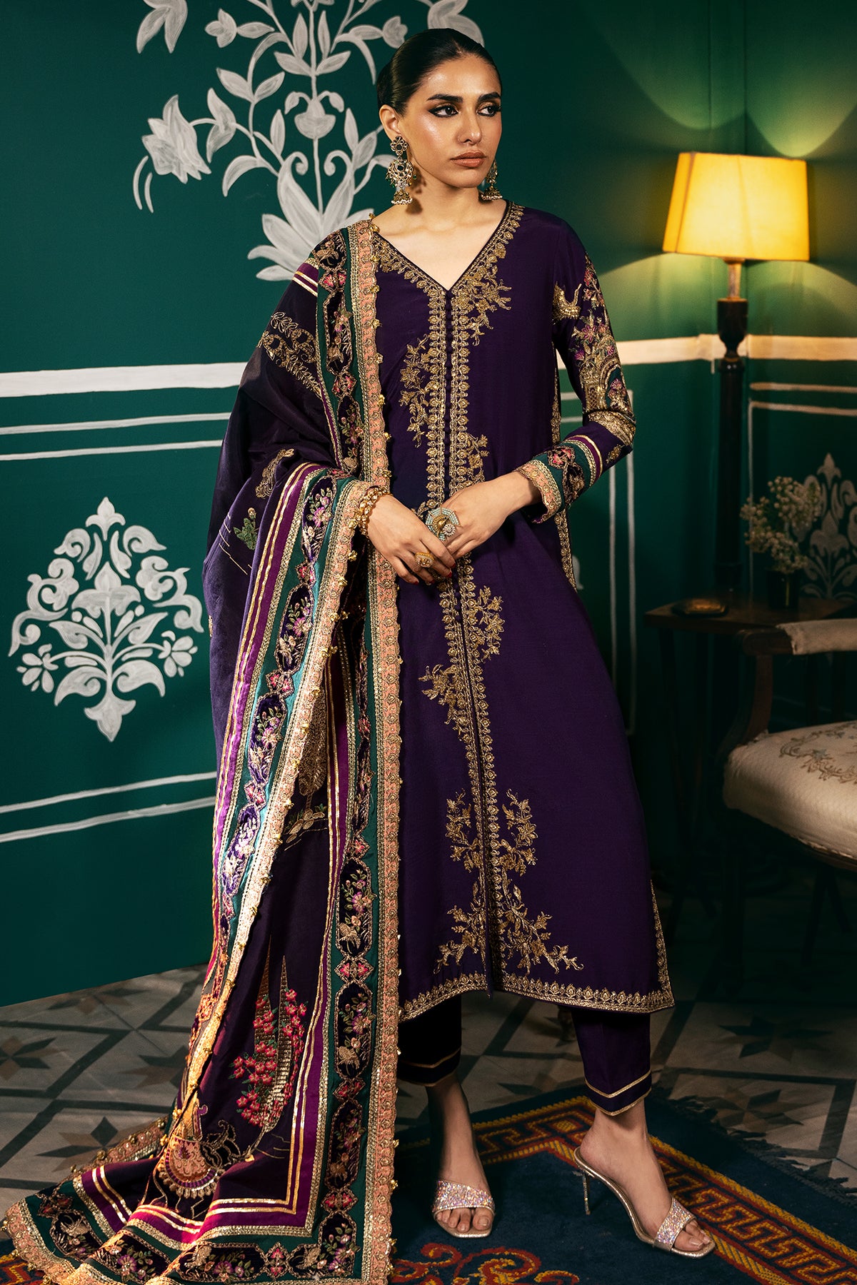 Deep Purple Embroidered Raw Silk & Velvet Salwar Kameez (3-Piece) - Image 1