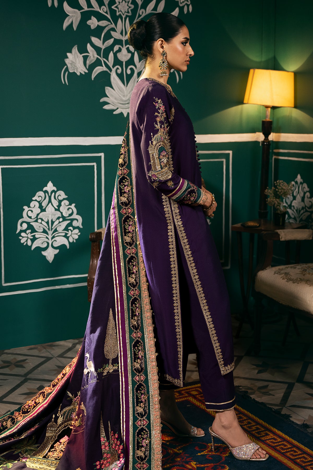 Deep Purple Embroidered Raw Silk & Velvet Salwar Kameez (3-Piece) - Image 2