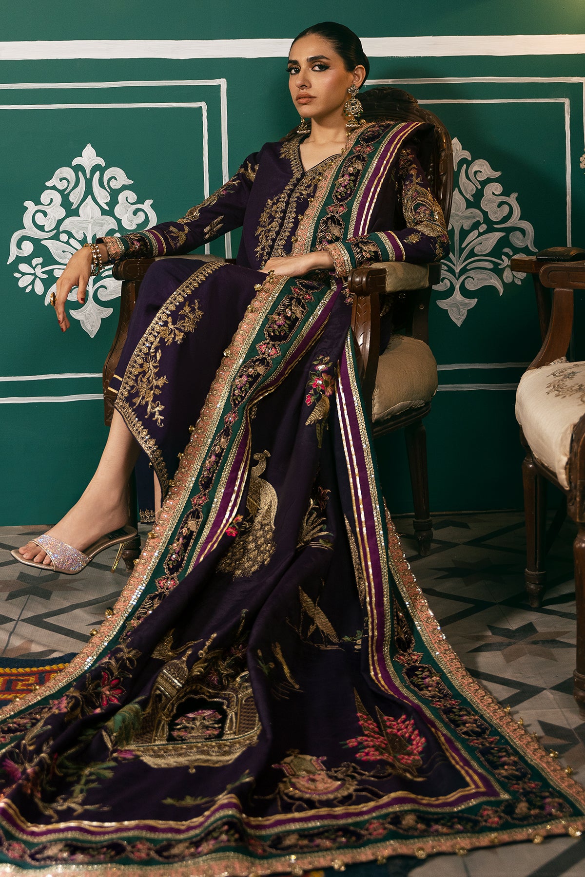 Deep Purple Embroidered Raw Silk & Velvet Salwar Kameez (3-Piece) - Image 3