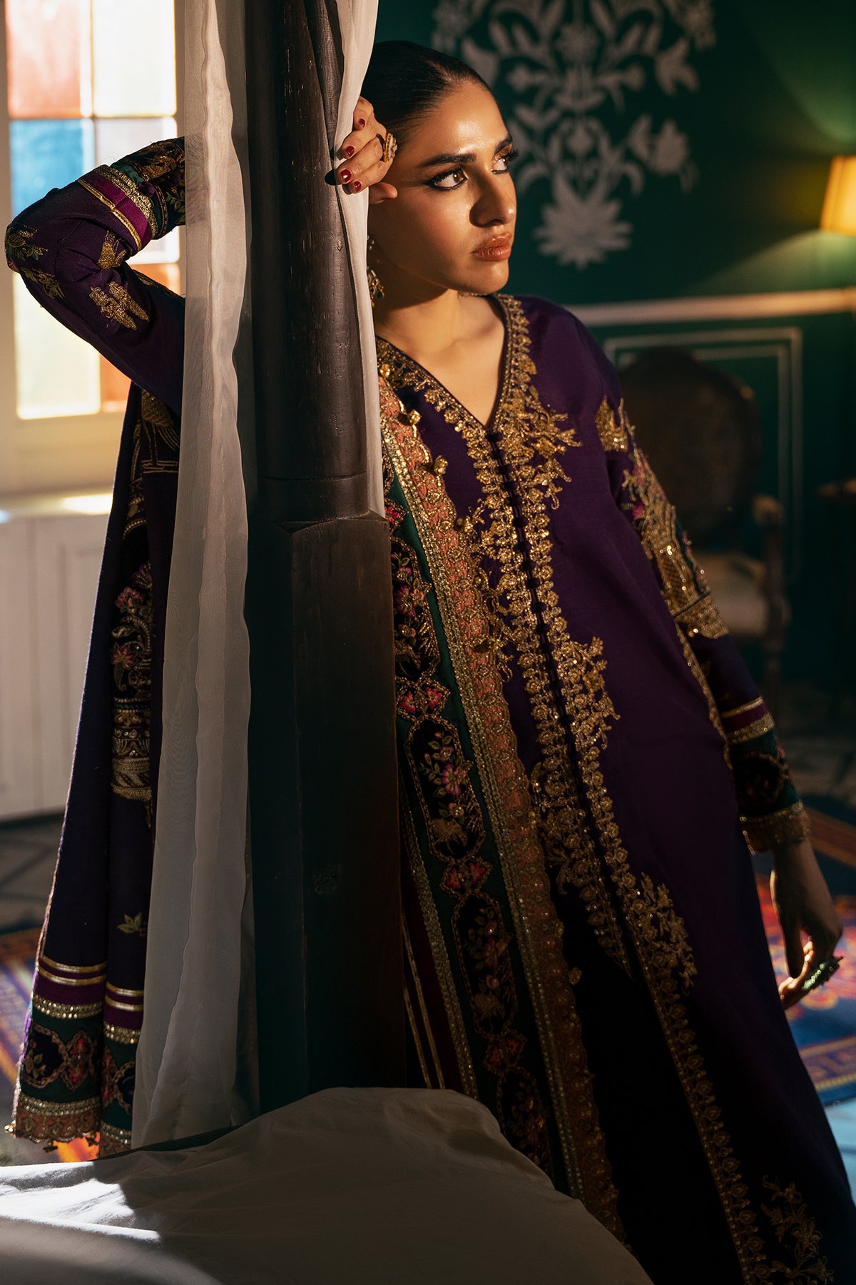Deep Purple Embroidered Raw Silk & Velvet Salwar Kameez (3-Piece) - Image 5