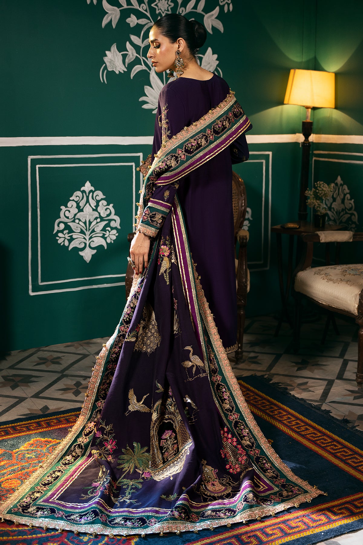 Deep Purple Embroidered Raw Silk & Velvet Salwar Kameez (3-Piece) - Image 6