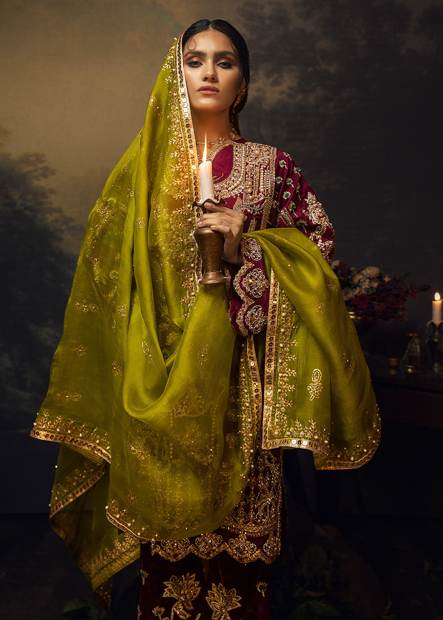 Pakistani Plum Lorex Embroidered Raw Silk & Velvet Salwar Kameez (3-Piece) - Image 2