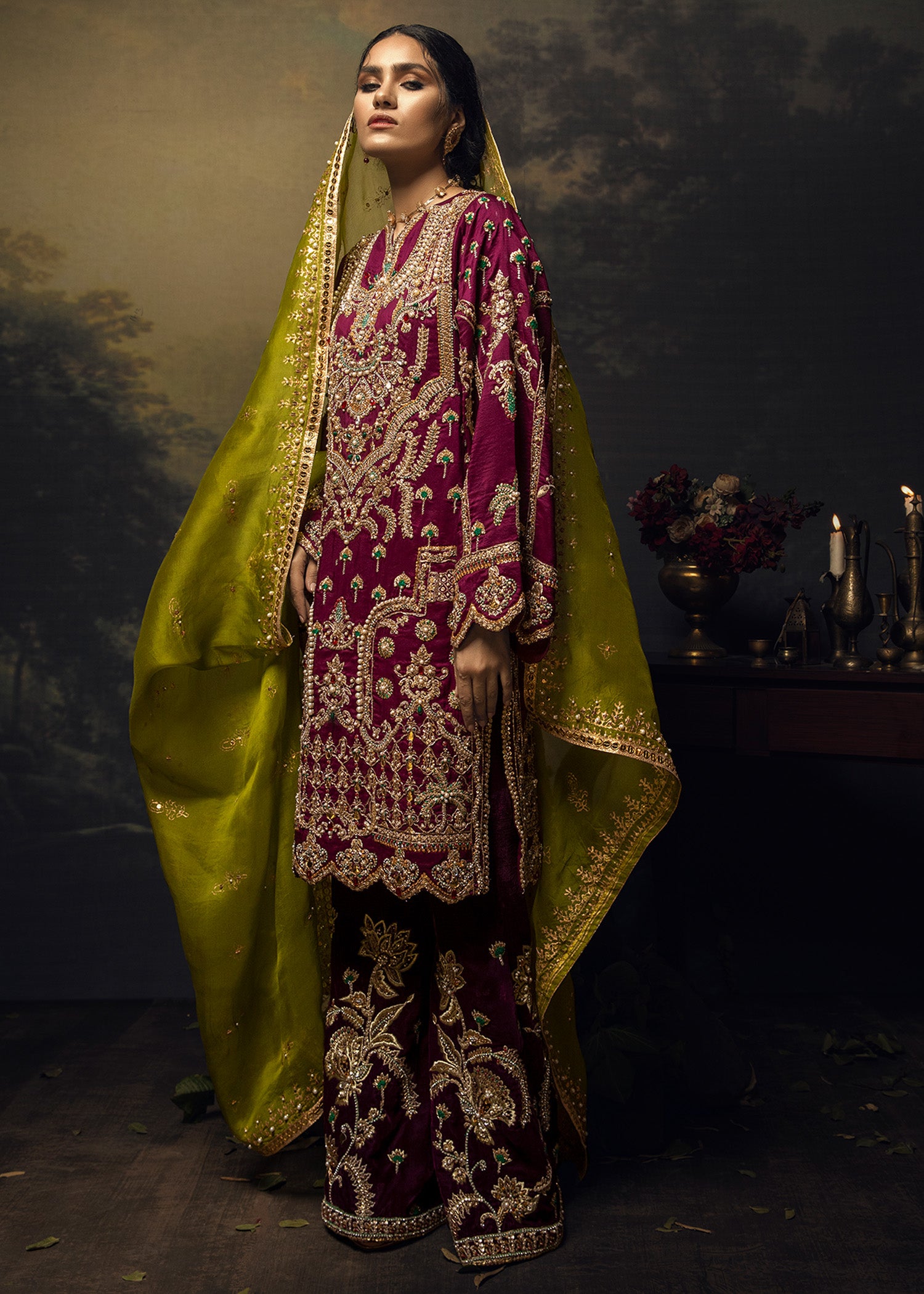 Pakistani Plum Lorex Embroidered Raw Silk & Velvet Salwar Kameez (3-Piece) - Image 3