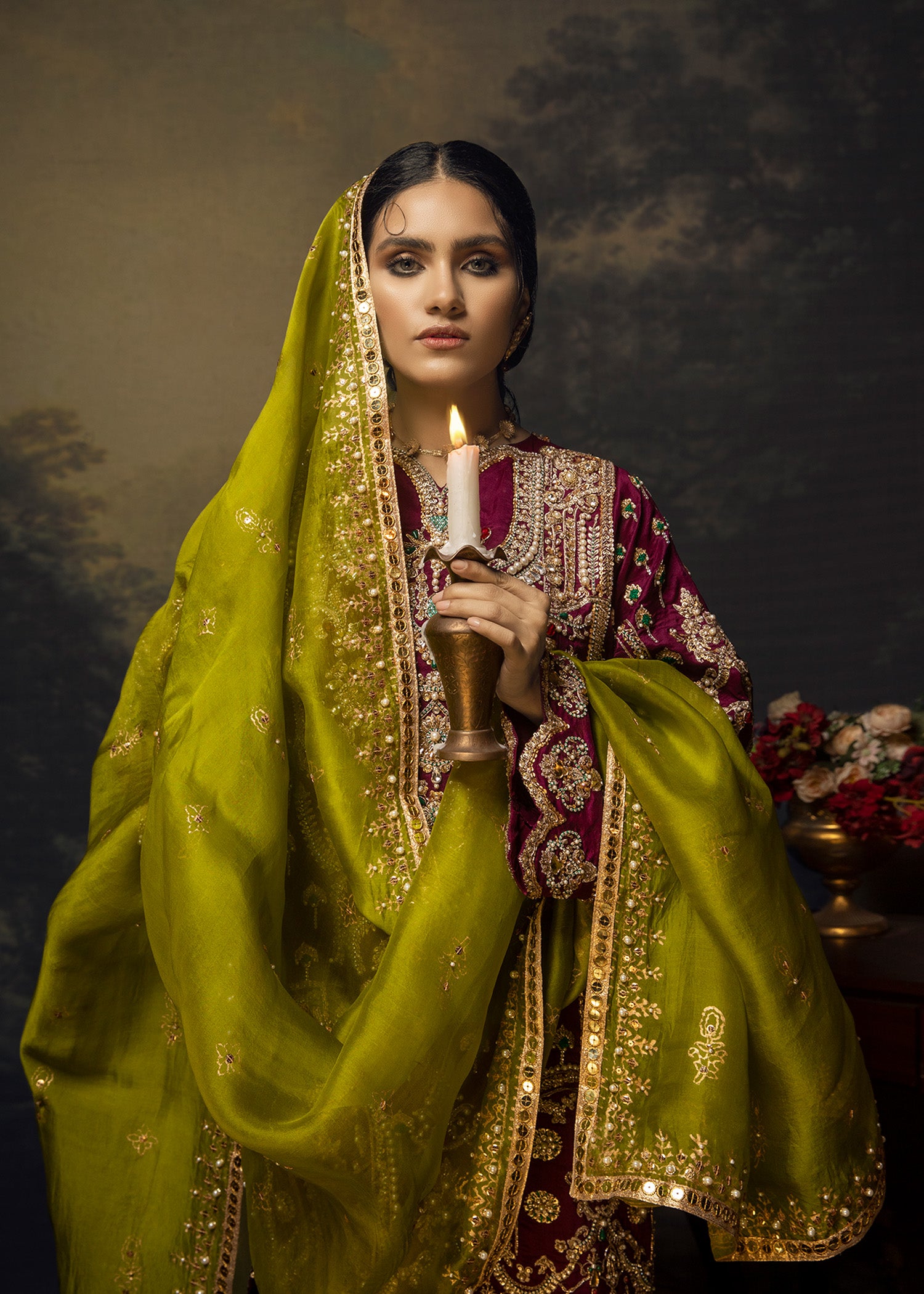 Pakistani Plum Lorex Embroidered Raw Silk & Velvet Salwar Kameez (3-Piece) - Image 5