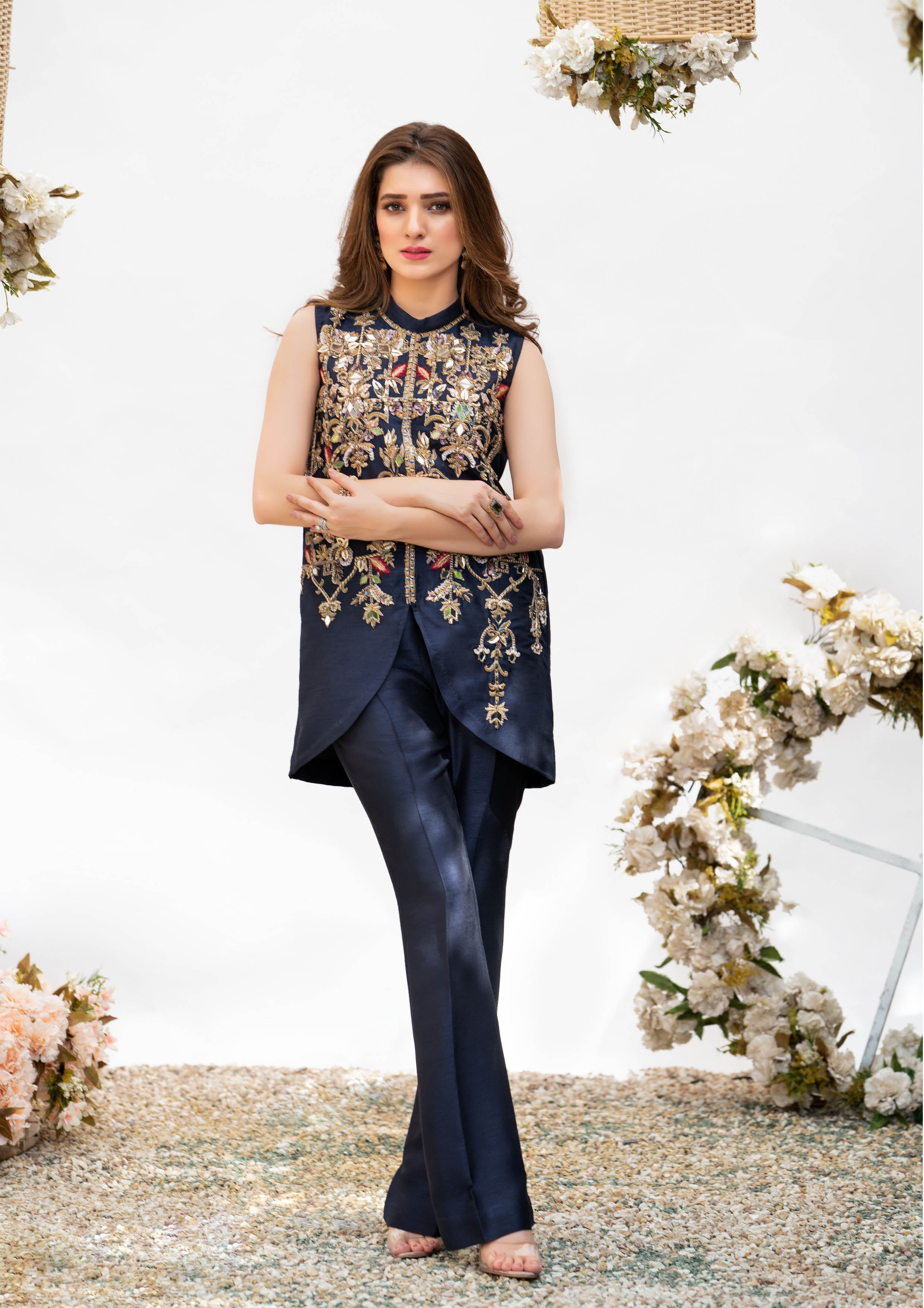 Pakistani Dark Purple Embellished Silk Jacket and Trousers (2-Piece) - Image 1