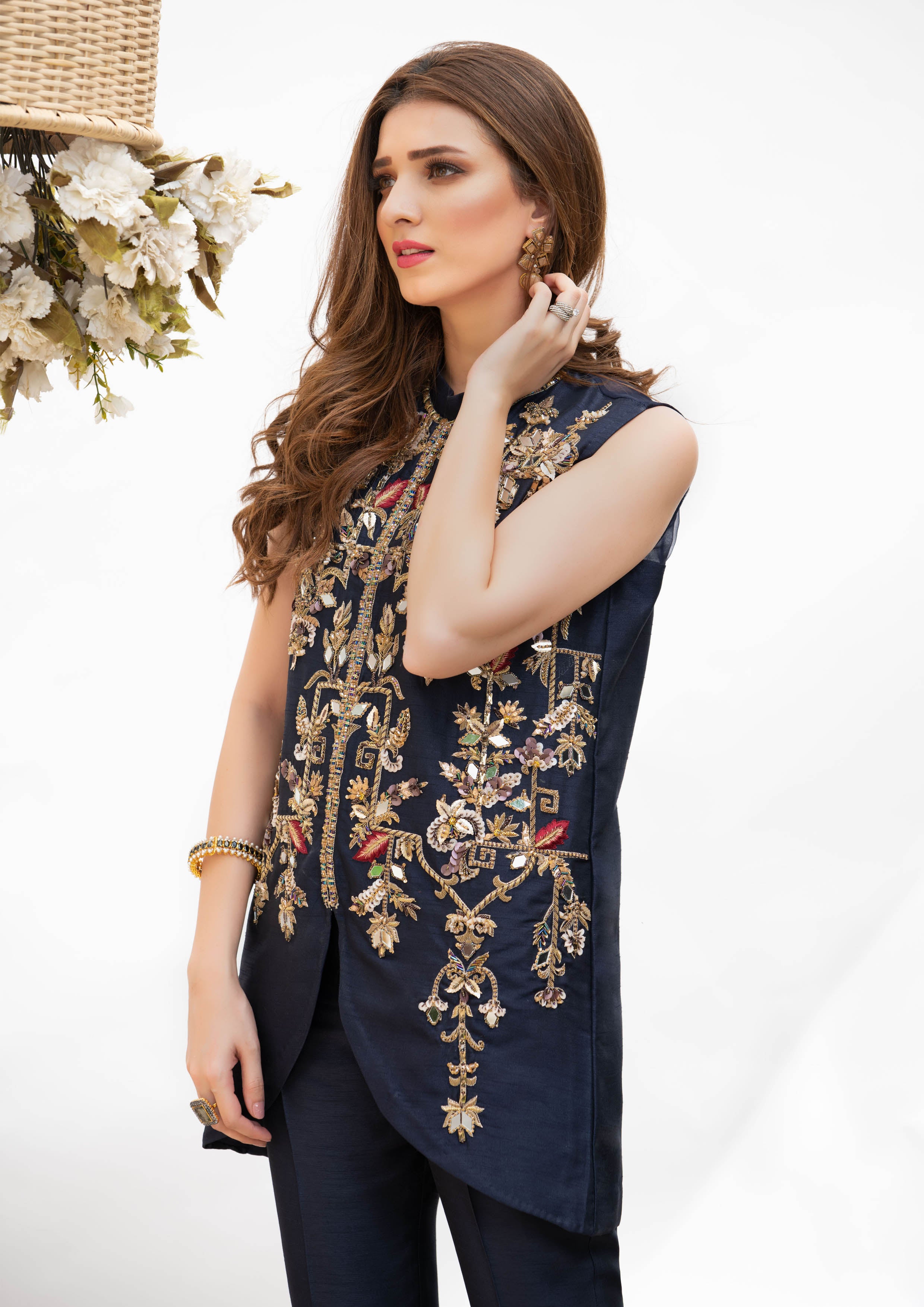 Pakistani Dark Purple Embellished Silk Jacket and Trousers (2-Piece) - Image 2