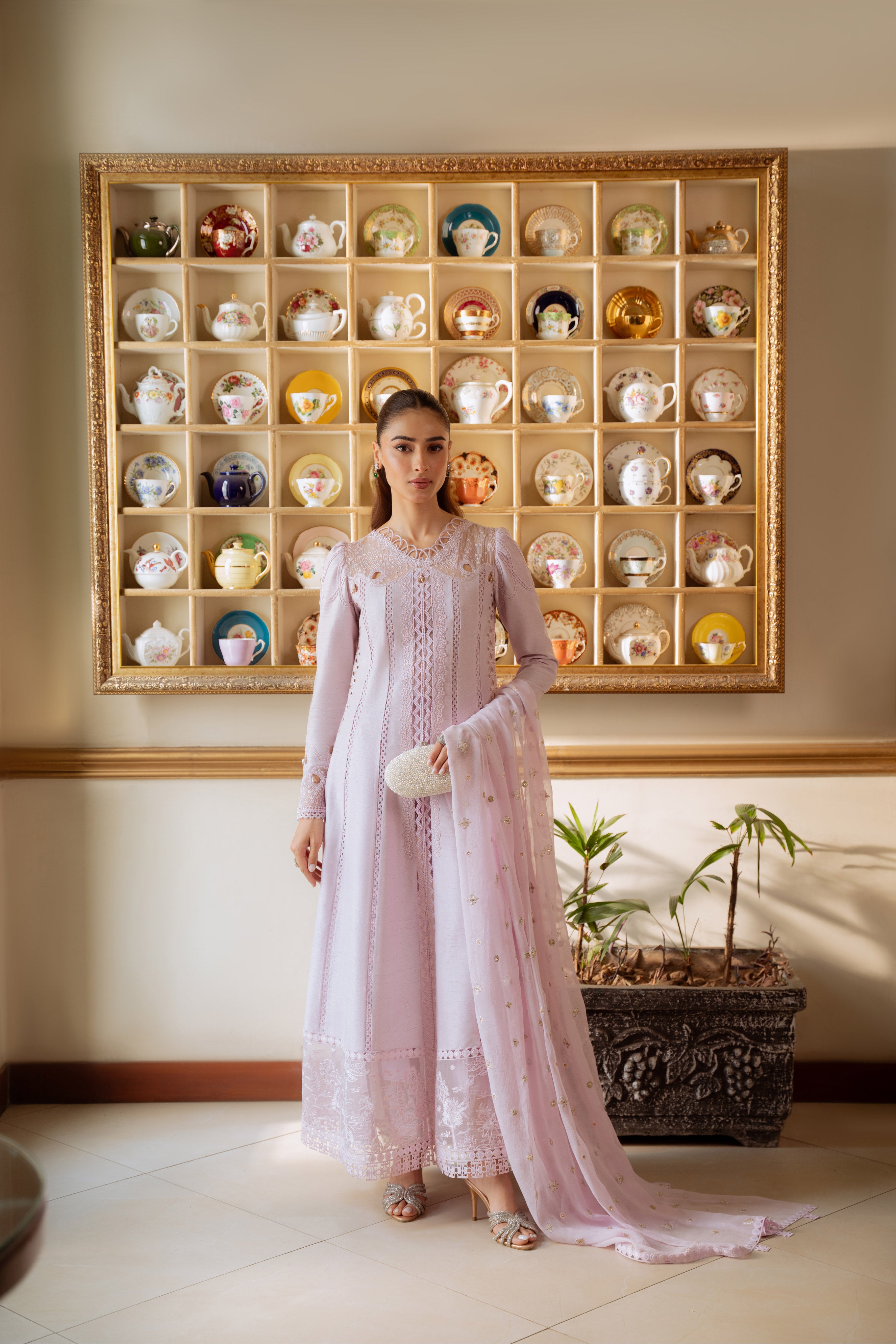 Pakistani Lavender Embroidered Korean Raw Silk 3-Piece Tunic Set - Image 1