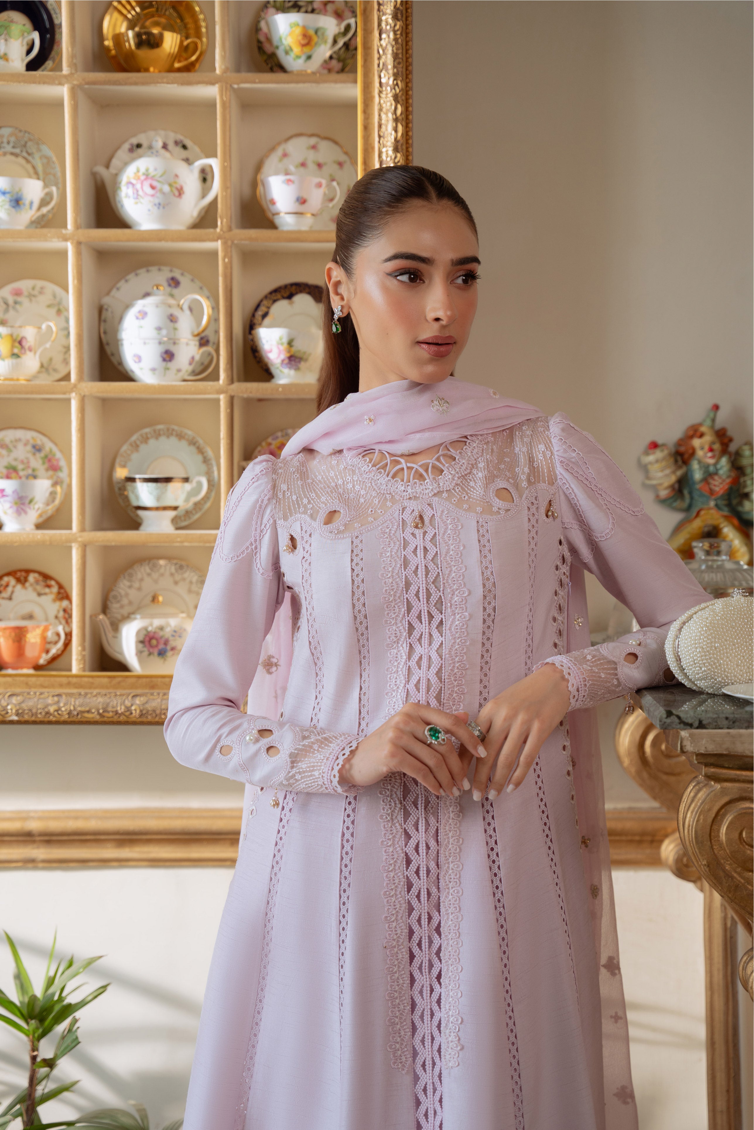 Pakistani Lavender Embroidered Korean Raw Silk 3-Piece Tunic Set - Image 2