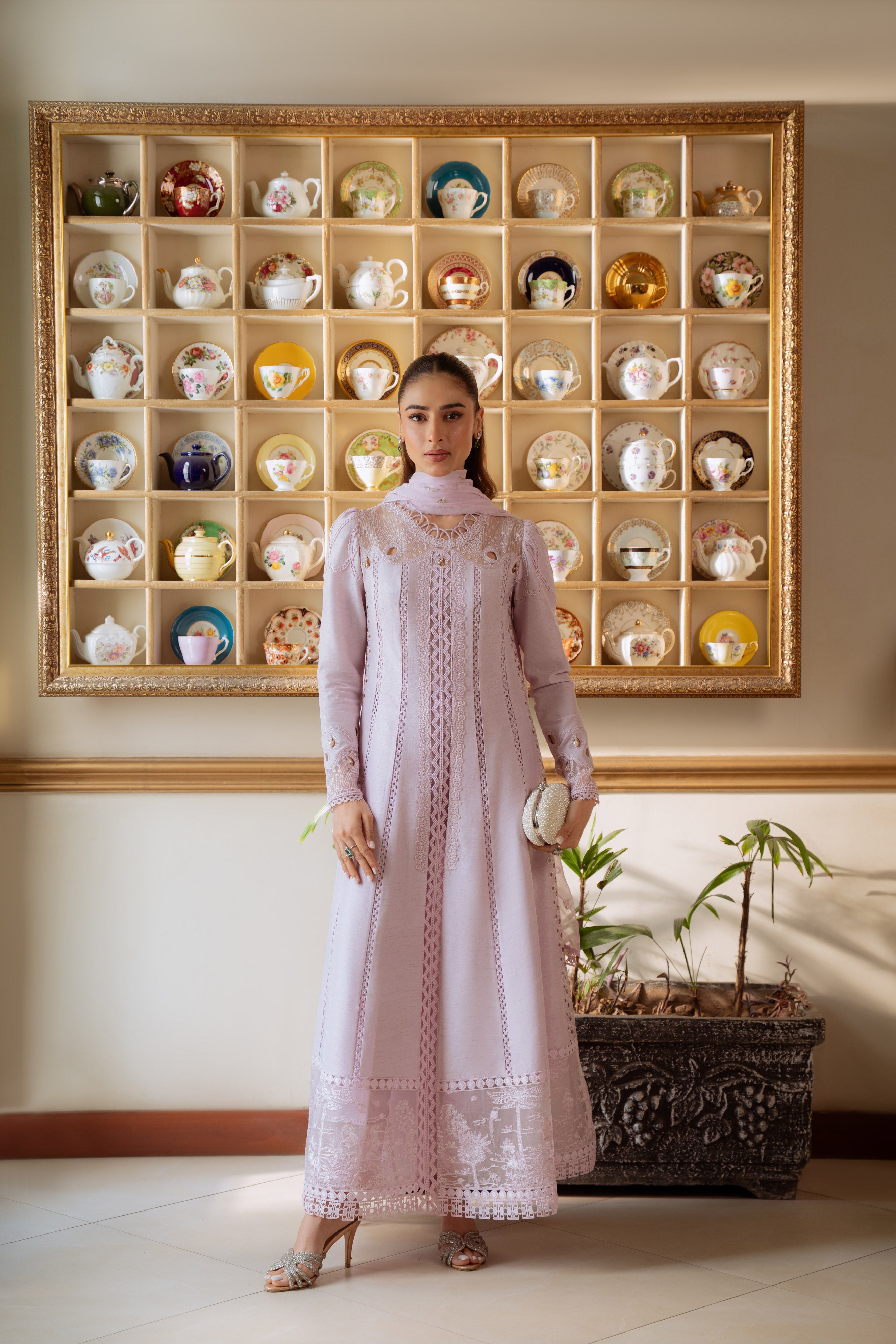 Pakistani Lavender Embroidered Korean Raw Silk 3-Piece Tunic Set - Image 3