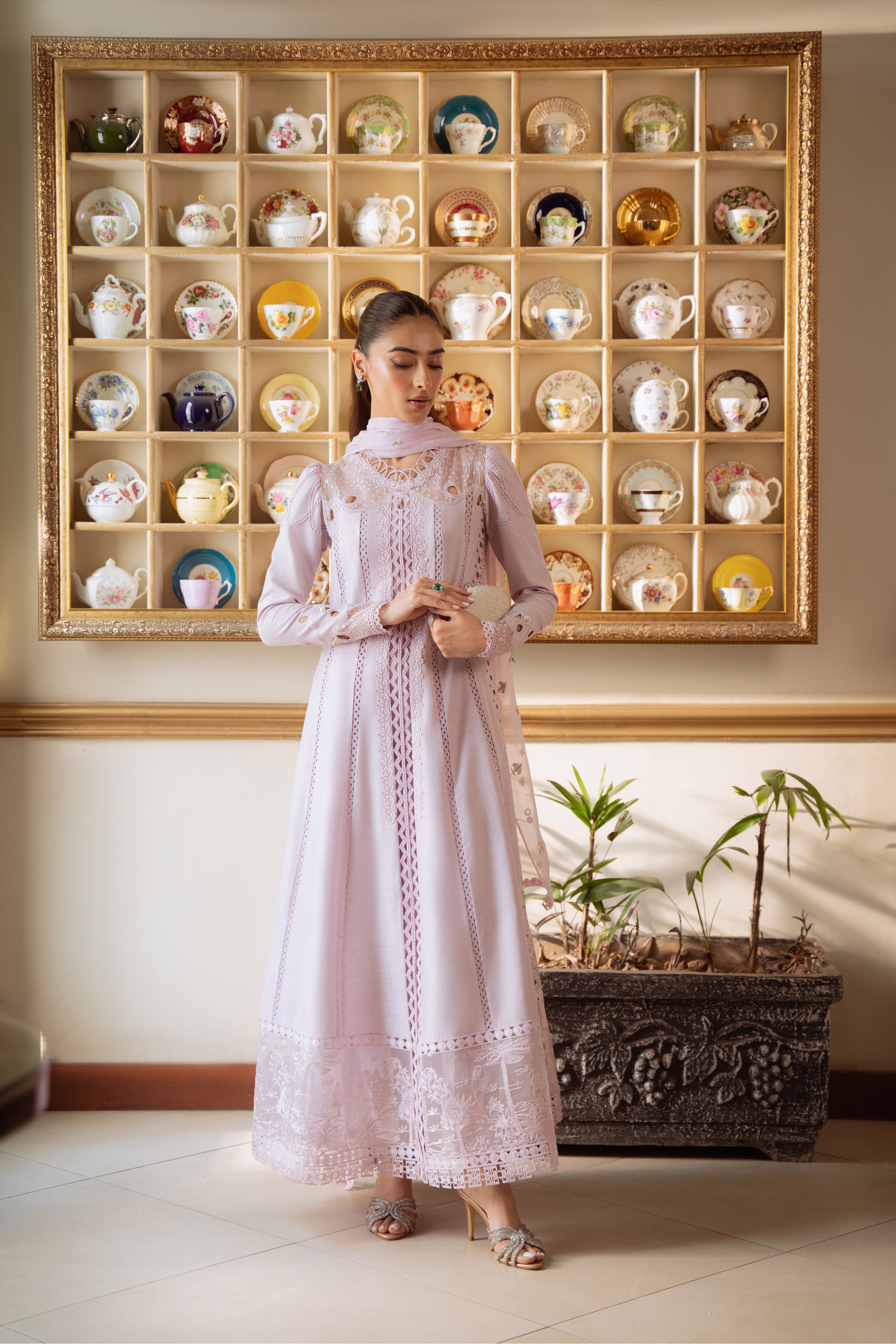 Pakistani Lavender Embroidered Korean Raw Silk 3-Piece Tunic Set - Image 4