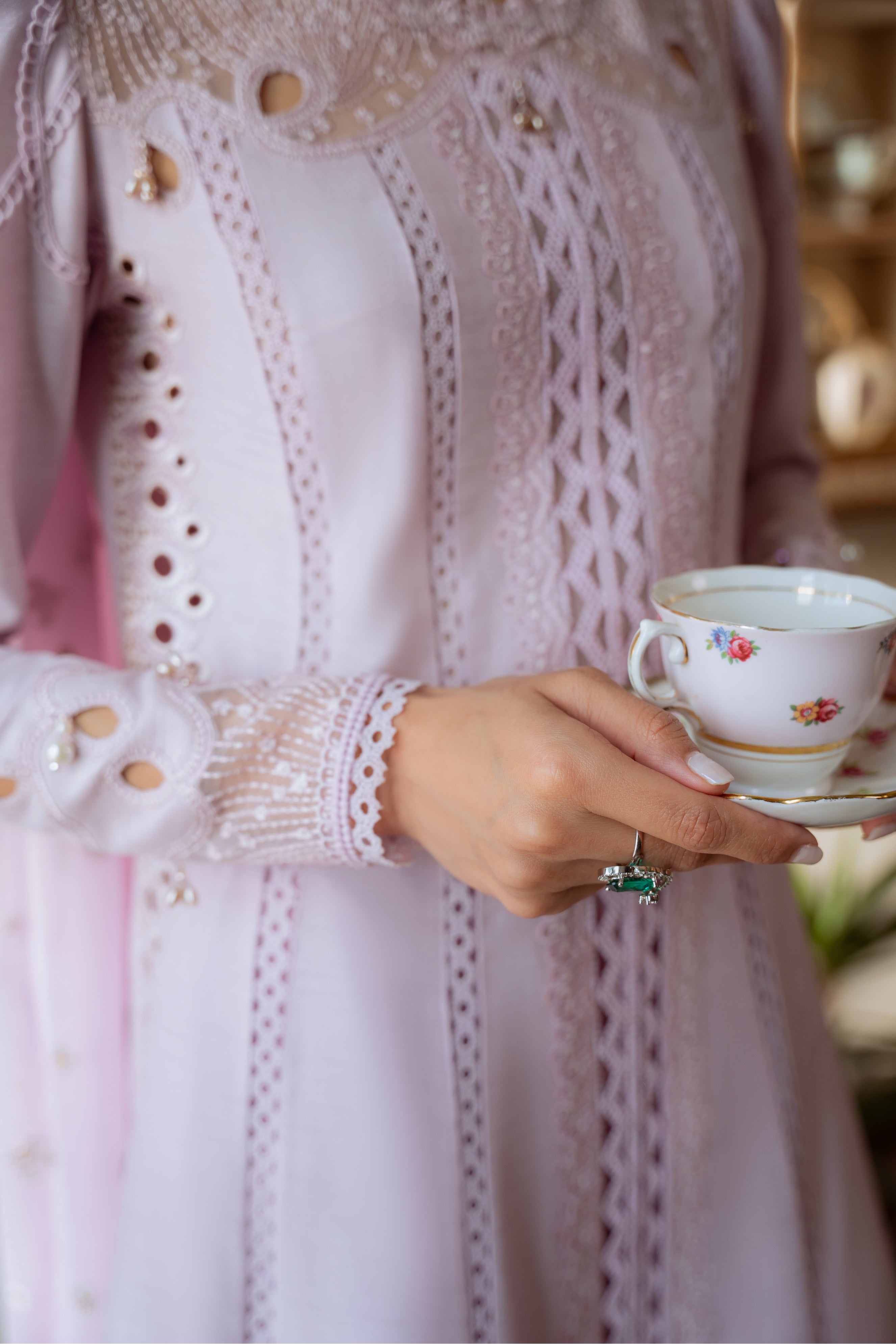 Pakistani Lavender Embroidered Korean Raw Silk 3-Piece Tunic Set - Image 5