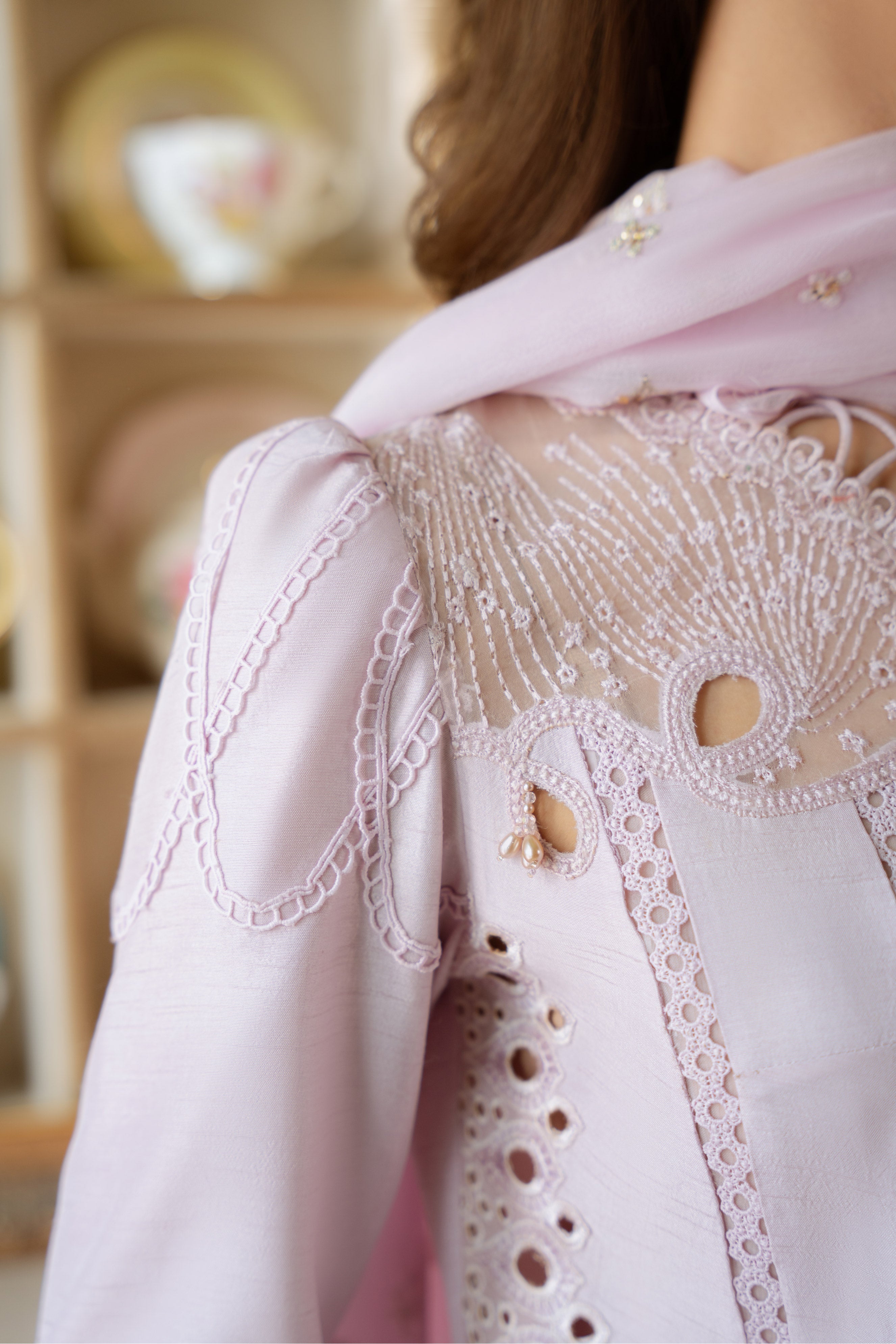 Pakistani Lavender Embroidered Korean Raw Silk 3-Piece Tunic Set - Image 6