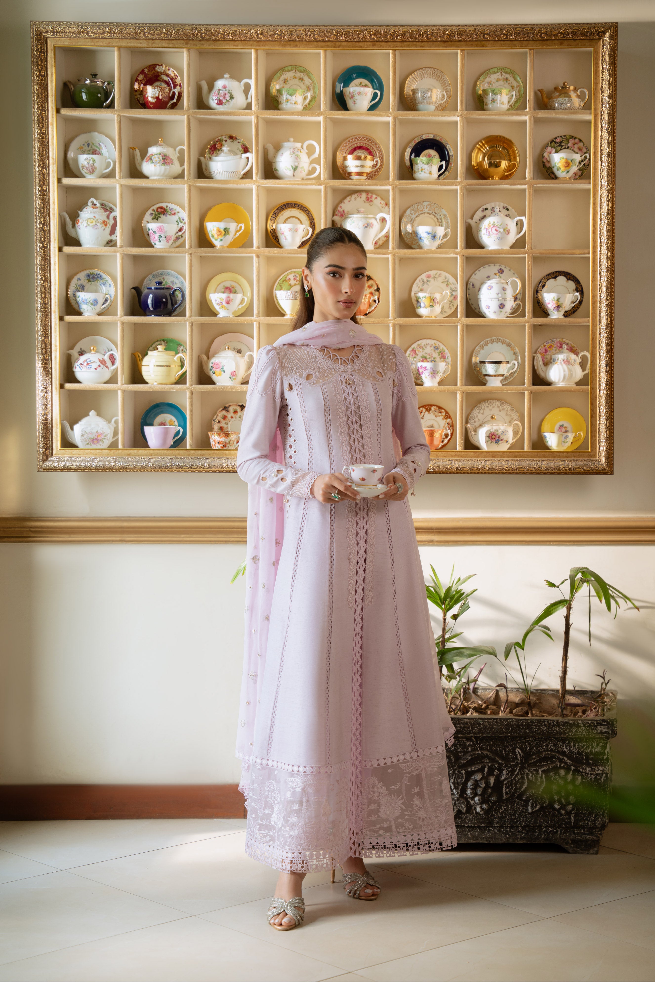 Pakistani Lavender Embroidered Korean Raw Silk 3-Piece Tunic Set - Image 8