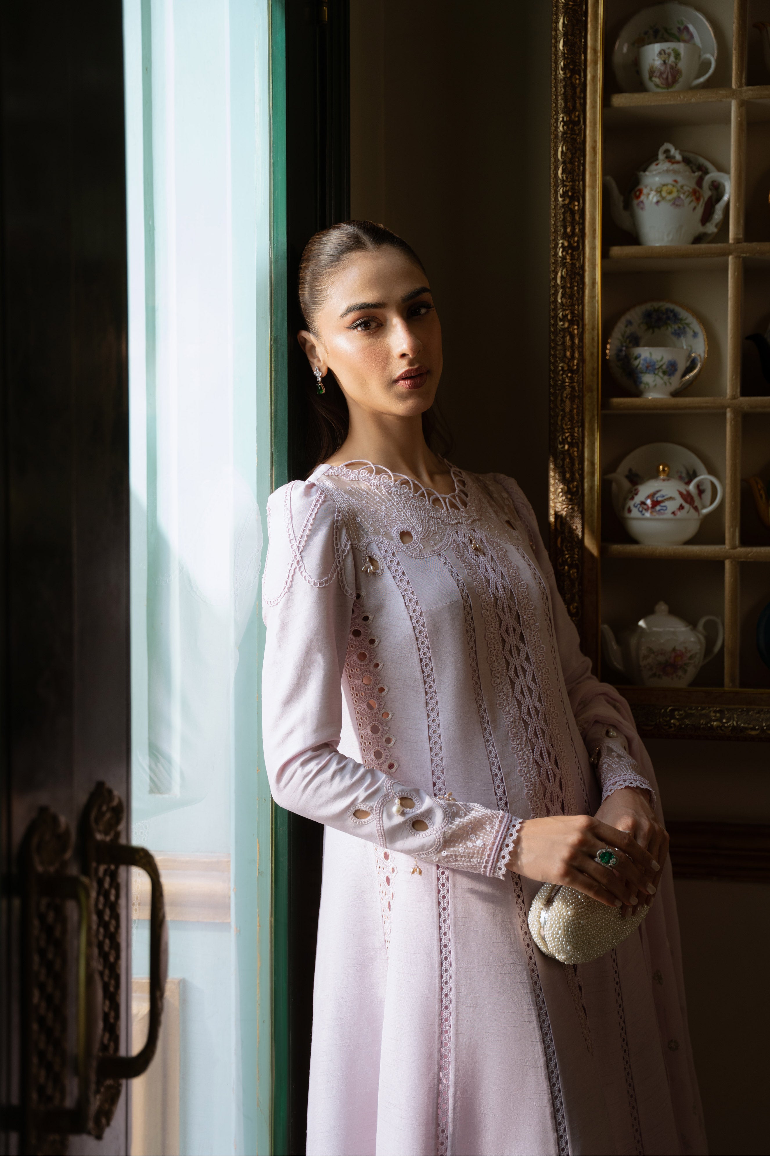 Pakistani Lavender Embroidered Korean Raw Silk 3-Piece Tunic Set - Image 9