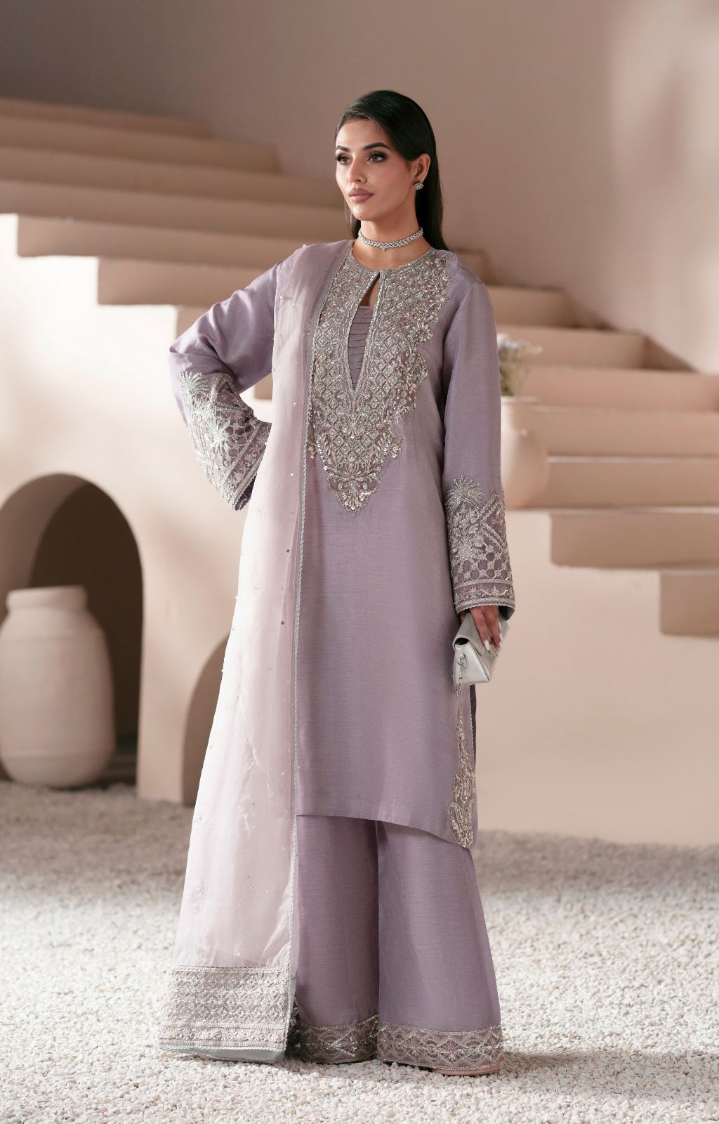 Pakistani Lavender Embroidered Korean Raw Silk Salwar Kameez (3-Piece) - Image 1