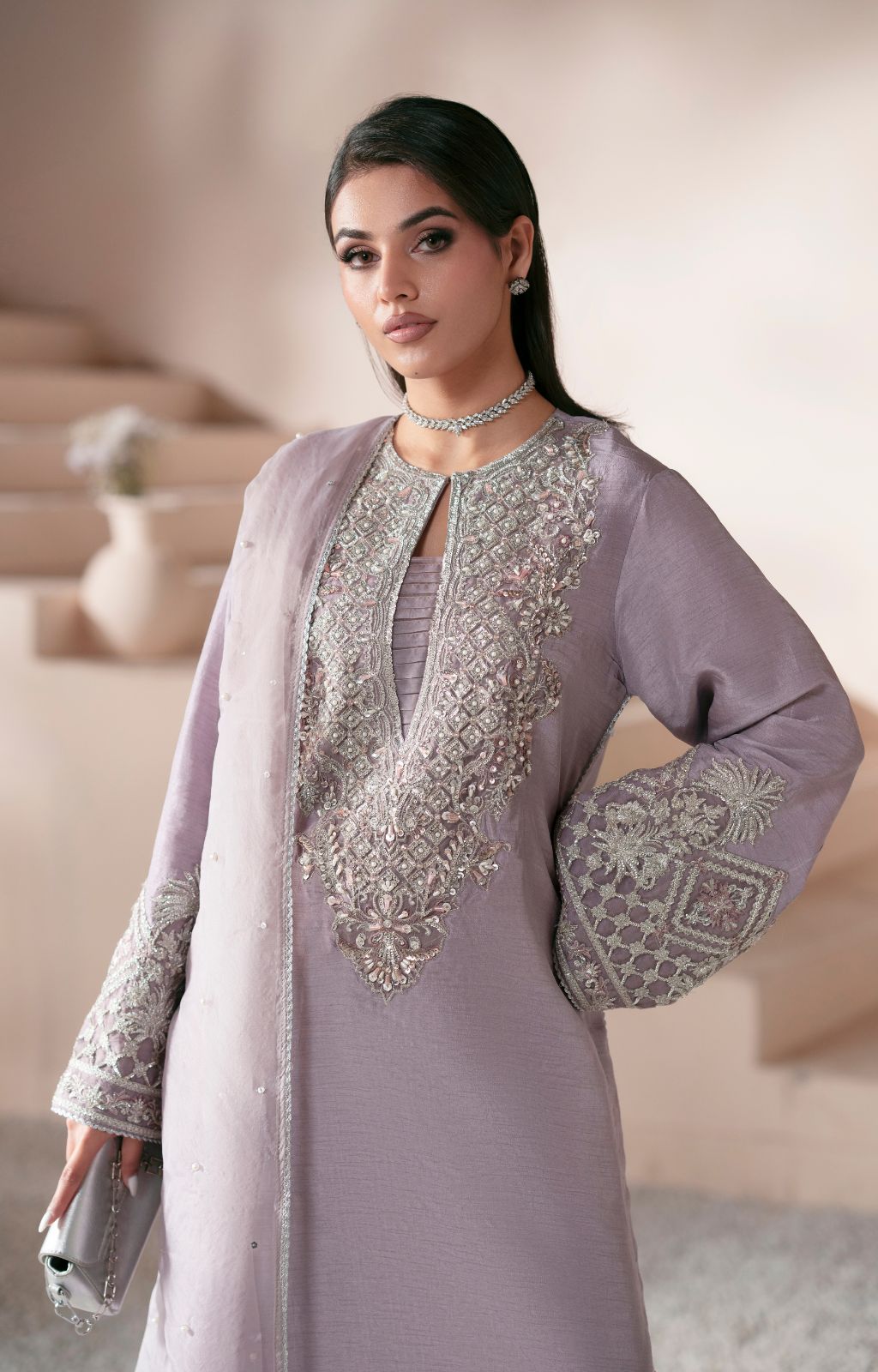 Pakistani Lavender Embroidered Korean Raw Silk Salwar Kameez (3-Piece) - Image 2